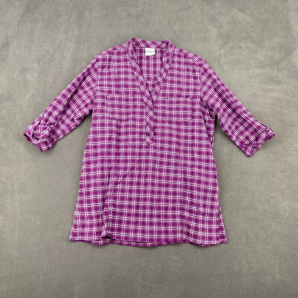 Columbia Flannel Shirt Top Womens M Purple White Plaid Roll Tab Sleeve Popover
